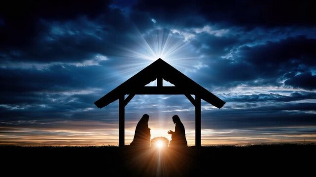 A silhouette of the Nativity scene is dramatically illuminated by a radiant star and the setting sun, set against a backdrop of a brooding. ..Created with Generative AI, not depicting real subjects.