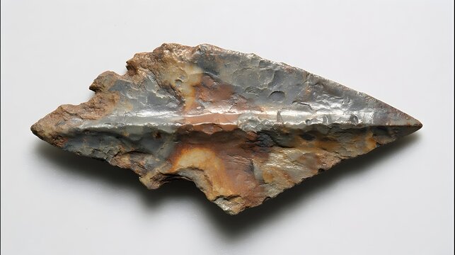 Prehistoric stone arrowhead artifact, ancient hunting tool isolated on neutral background.