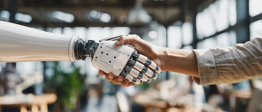 Human and robot handshake in modern office.