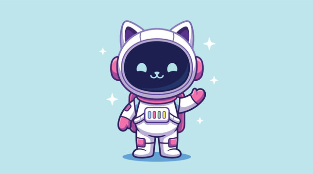 Cute cartoon cat astronaut in white spacesuit waving hello in space.