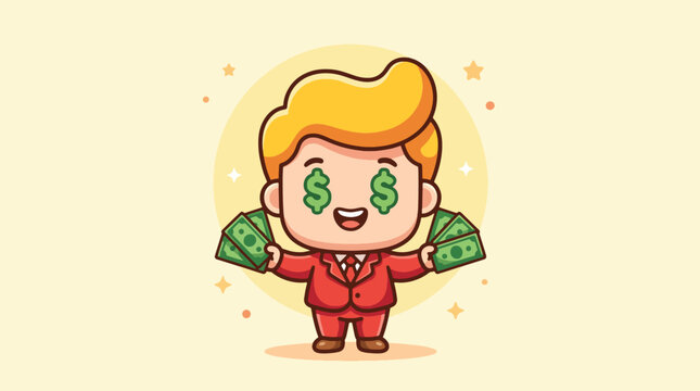 Cute cartoon businessman in red suit holding cash money with dollar sign eyes.