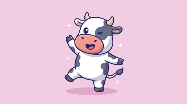 Cute cartoon cow character winking and dancing on pink background.