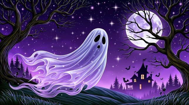 Haloween cartoon illustration of ghost, full moon, purple sky