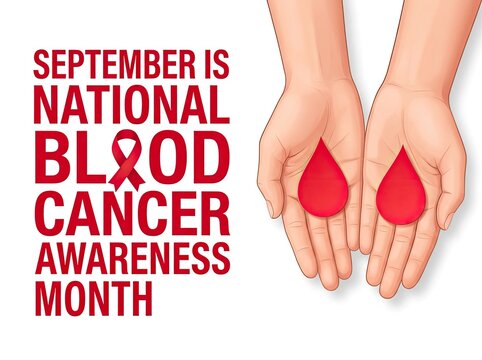 Hands holding blood drops with awareness text suitable for health campaigns symbolizing care support and hope for cancer patients