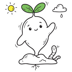 Naklejka premium Cute cartoon plant character with smiling face and leaves.