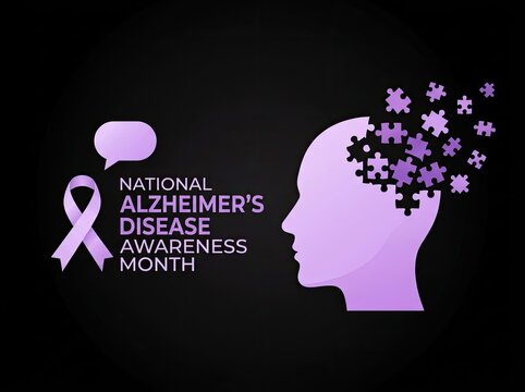 Purple head silhouette with puzzle pieces for healthcare campaigns symbolizing memory loss cognitive decline and awareness