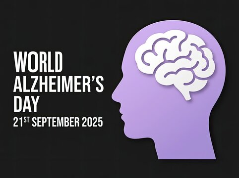 Purple head silhouette with brain icon on dark background suitable for medical campaigns symbolizing mental health and memory loss awareness