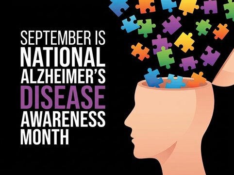 Human profile head releasing puzzle pieces ideal for healthcare posters representing Alzheimer awareness memory loss and cognitive decline