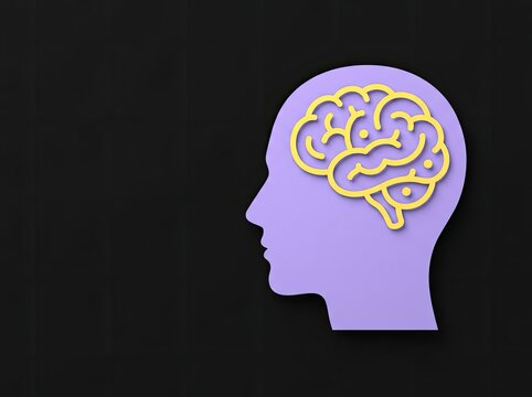 Purple head silhouette with a yellow brain icon suitable for mental health and neuroscience media symbolizing intelligence and cognitive processes