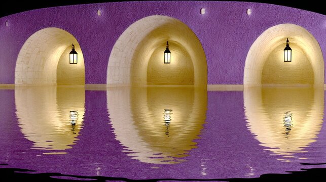 Warm glowing lanterns in arched stone niches reflected on purple pool water surface