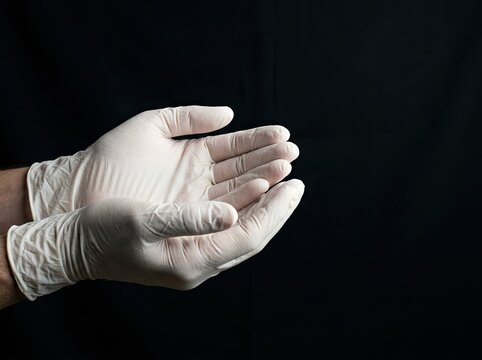 Gloved hands cupped open on a dark background suitable for medical safety media symbolizing care hygienic protection and offering support