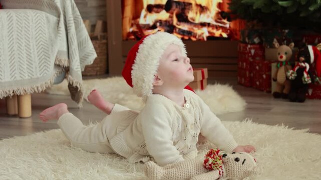 Happy child on Christmas, enjoying some quality time, opening presents, kids and adults with pet dog on Christmas eve in decorated home