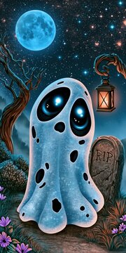 Vertical cute wallpaper featuring cute ghost character in cartoon adorable style