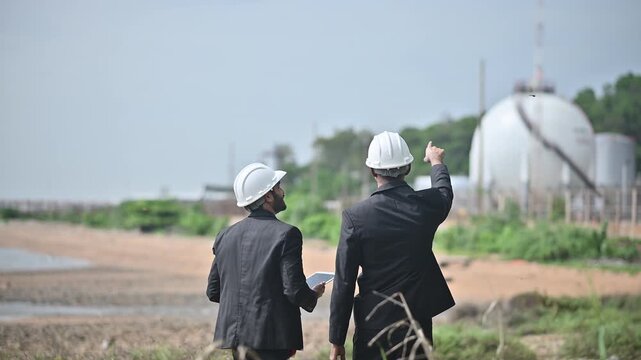 Engineers wearing safety gear, including hard hats examining survey a large blueprint tablet standing industrial facility gas or oil refinery engaged in a job requires high safety standards concept.	