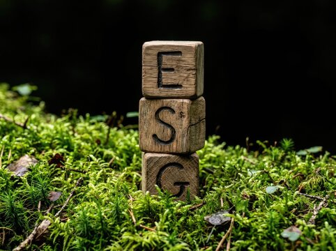 Wooden ESG blocks stacked on green moss suitable for sustainable business content symbolizing environmental responsibility and ethics