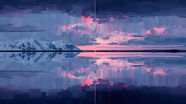 Abstract digital pixel art of snowy mountains with sunset reflection on water surface