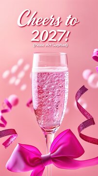 New year 2027 flyer invitation in pastel pink glamourous style. glass of champagne and text reads Cheers to 2027. 