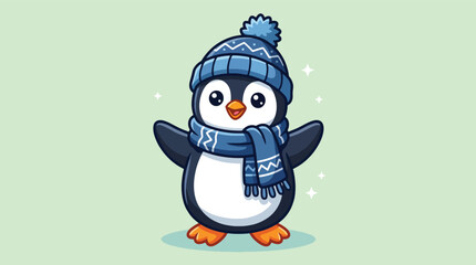 Obraz premium Adorable cartoon penguin character wearing blue knitted winter hat and scarf illustration.