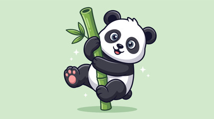 Cute cartoon panda climbing a green bamboo stalk illustration. © Caroline Studio