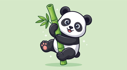 Cute cartoon panda bear climbing on a green bamboo stalk. © Caroline Studio