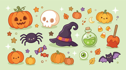 Fototapeta premium Cute Kawaii Halloween Elements Collection.