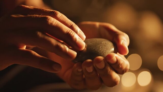 Womans hands gently holding and rubbing a smooth, dark stone in a spa or meditation setting with blurred lights