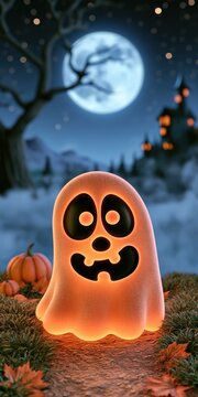 Vertical cute wallpaper featuring cute ghost character in cartoon adorable style