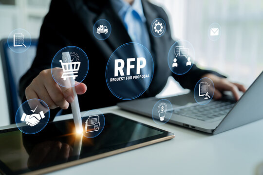 Businessman Utilizing Tablet for RFP Process with Digital Icons Representing Proposal, Collaboration, and Technology in Modern Office Setting. Glyphic.