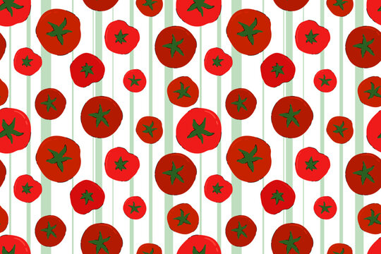 Tomatoes Seamless Pattern. Flat organic red tomatoes pattern. Healthy food design for recipe, fabrics, textile packaging, cooking designs.