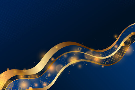 Luxury Blue Abstract Background with Golden Wave Lines and Bokeh Lights and Sparkles. Vector premium dynamic elegant design for banner, invitation, presentation, card, award, certificate, poster, ads.