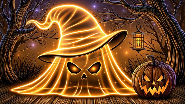 Halloween background of neon-lit ghost and pumpkin across the woods. Cartoon cute style