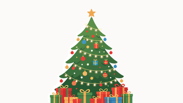 Festive Flat Illustration of a Decorated Christmas Tree with Star Topper, Lights, Ornaments and Colorful