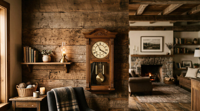 Vintage wooden pendulum wall clock on rustic plank wall in cozy cabin living room with stone fireplace. Antique timepiece and warm hygge cottage interior concept for country home