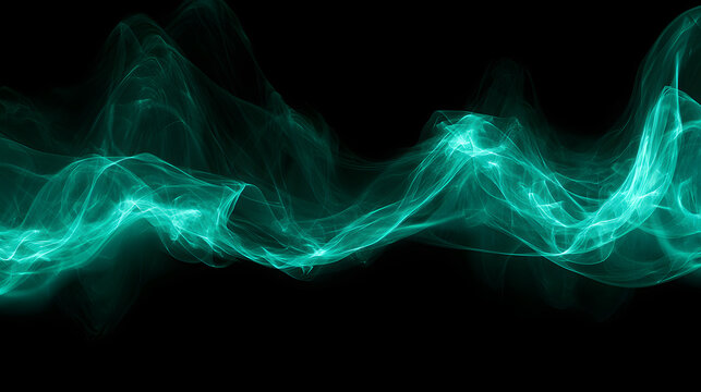 A black background with ethereal glowing smoke waves and abstract light trails, akin to emerald green. Perfect for a cinematic backdrop.