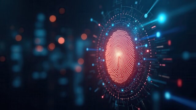 Glowing fingerprint scan digital motion dynamic, security particles floating energy bright, identity protection glow powerful, digital safety radiant