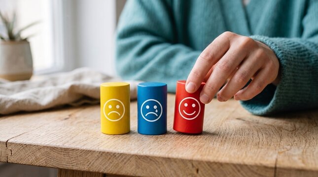 A person's hand choosing a red block with a happy face emoji from a row of emotional expression blocks on a wooden table, representing mood selection.