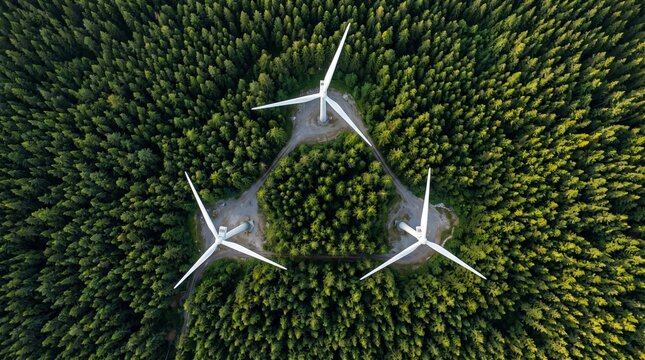 Aerial view of three wind turbines generating clean energy amidst a lush green forest, symbolizing renewable power and environmental sustainability.