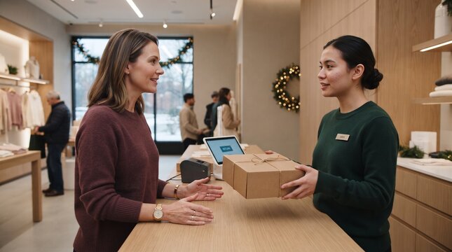 Woman returning Christmas gift at retail store counter with staff member