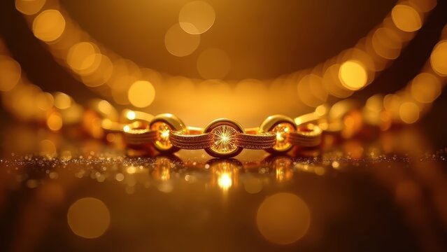 Gold chain jewelry glowing metallic shine, luxury accessory detailed motion dynamic, precious metal radiant beautiful, jewelry art captured