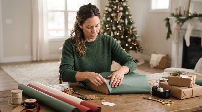 Woman wrapping Christmas presents at wooden table with festive tree background