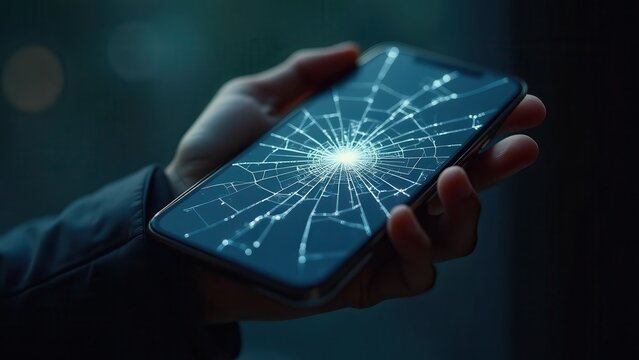 Hands holding smartphone with badly cracked shattered glass screen glowing with light, concept of technology, insurance, repair service