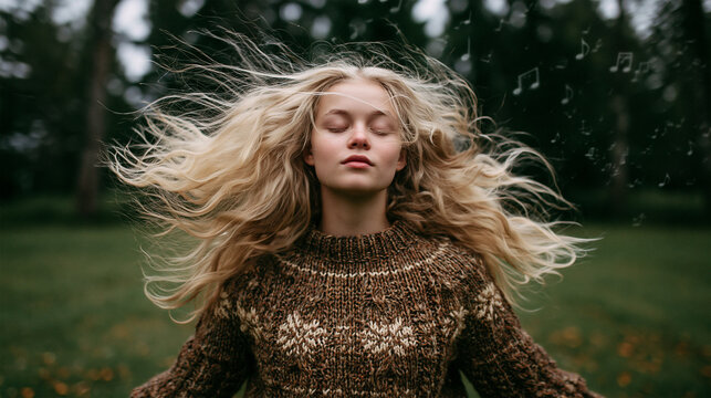 Young woman enjoying music with eyes closed and hair flowing in the wind outdoors, peaceful emotional portrait expressing relaxation, freedom, mindfulness and wellbeing