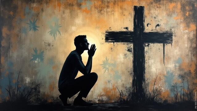 Urban grunge wall texture praying silhouette, graffiti-style distressed cross background, gritty street art atmosphere dramatic, spiritual faith modern context artistic