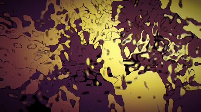 Seamless loop animation: yellow and magenta grunge noise crackles with glowing contour lines and dripping paint.