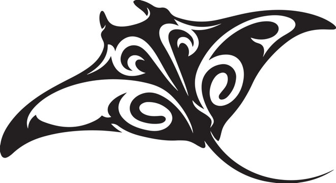 Black tribal manta ray vector illustration isolated on white background, sea stingray silhouette ornament art