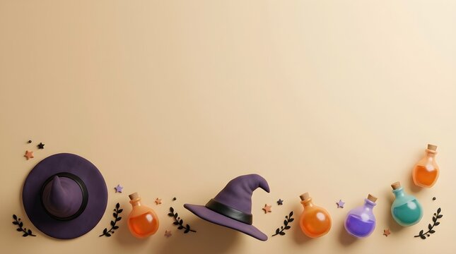 Halloween witch hats and colorful magic potion bottles on a beige background