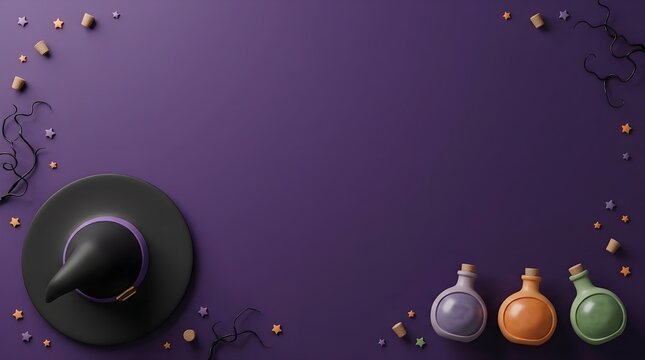 Halloween witch hat and magic potion bottles on purple background with copy space