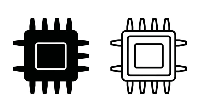 Computer Chip Iconography: A pair of simplified icons representing a computer microchip, one solid black and one outlined, highlighting the fundamental component of modern technology.
