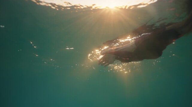 Underwater close up of an arm reaching upward as sunlight streams through the water.