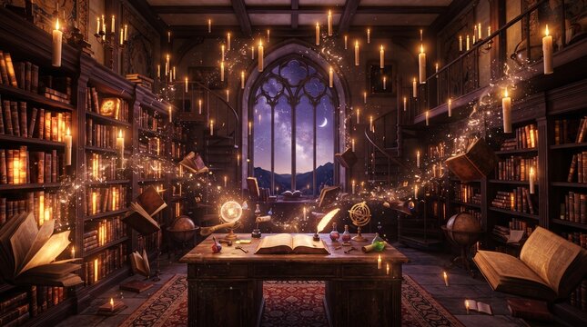Magical wizard library with floating candles. Enchanted ancient study room with glowing books. Mystical dark academia interior with starry window view.